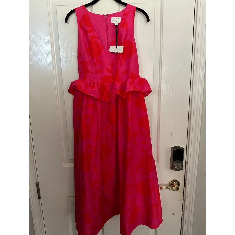 NWT Kate Spade Midi Dress V-Neck Classic Rose Peplum Pink Size 2